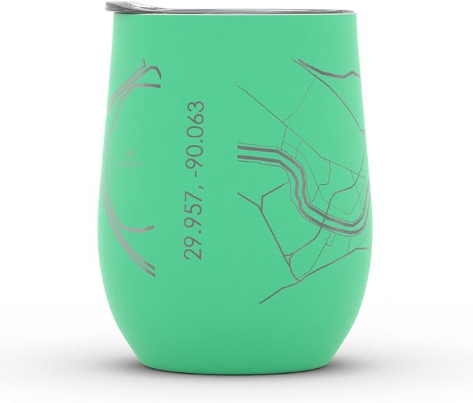 Well Told Engraved New Orleans Louisiana Map Insulated Wine Tumbler, Etched Stainless Steel Cup (12 oz, Sunday Green) City Map Insulated Tumbler, Custom Insulated Tumbler, Outdoor Drinkware