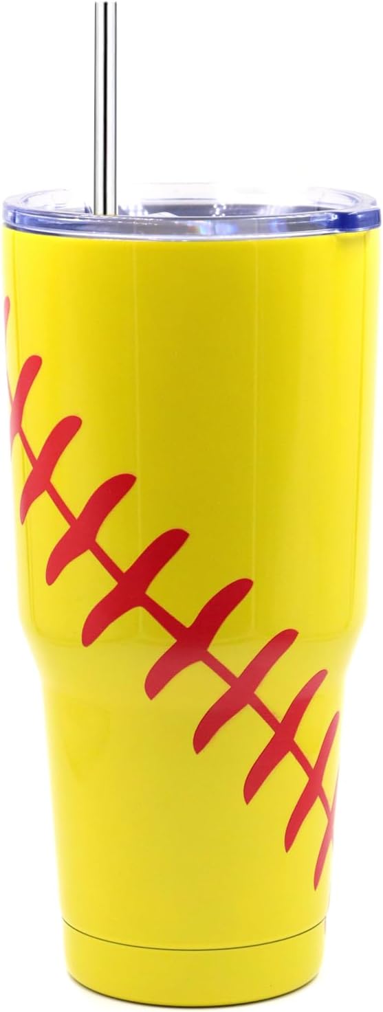 FMYWZS 30 oz Softball Tumbler, Double Wall Vacuum Insulated Stainless Steel Cup Travel Mug with Lid and Straw, Softball Accessories Stuff Gifts for Mom Men Boys Girls