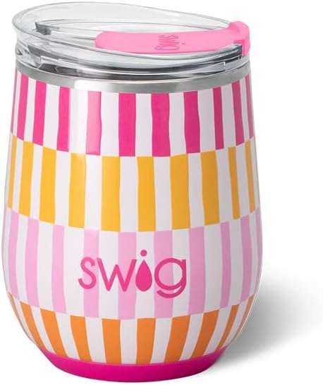 Swig Life 12oz Wine Tumbler with Lid, Stainless Steel, Dishwasher Safe, Portable, Triple Insulated Wine Tumbler (Sherbet Stripe)