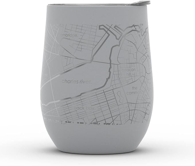 Well Told Engraved Boston Massachusetts Map Insulated Wine Tumbler, Etched Stainless Steel Cup (12 oz, Dockside Gray) City Map Insulated Tumbler, Custom Insulated Tumbler, Outdoor Drinkware