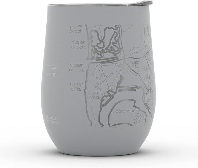 Well Told Engraved San Diego California Map Insulated Wine Tumbler, Etched Stainless Steel Cup (12 oz, Dockside Gray) City Map Insulated Tumbler, Custom Insulated Tumbler, Outdoor Drinkware