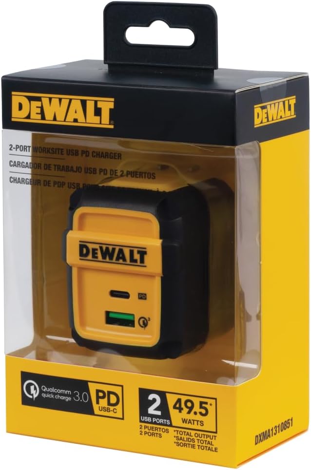 DEWALT Heavy Duty 49.5W Dual USB & USB C Charger Block (Cable Not Included), USBC Power Adapter, 2 Port Compact Foldable Fast Wall Charger for iPhone 17/16/15/14 Galaxy Pixel 4/3 iPad - Black & Yellow