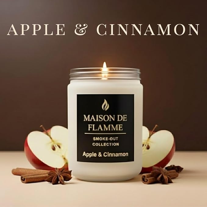 Apple & Cinnamon Odor-Eliminating Scented Candle (White Jar, 200g/7oz) | Long-Lasting Premium Soy Wax Candle for Smoke, Kitchen & Pet Odors
