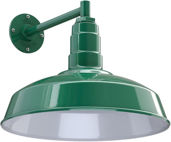 Steel Lighting Co. | Dusk to Dawn | Gardena Barn Light | Outdoor Wall Mounted | 16" Dome | 11" Straight Arm | Farmhouse Light Made in America | Green Exterior/White Interior