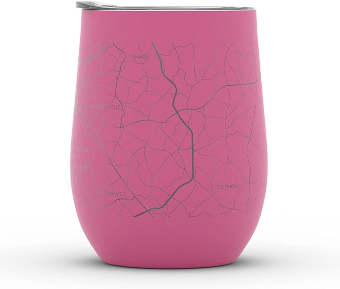 Well Told Engraved Charlotte North Carolina Map Insulated Wine Tumbler, Etched Stainless Steel Cup (12 oz, Sunset Pink) City Map Insulated Tumbler, Custom Insulated Tumbler, Outdoor Drinkware