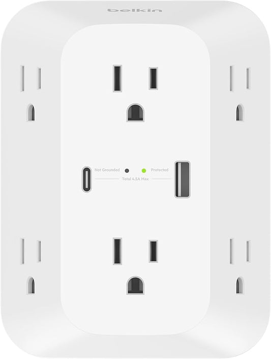 Belkin 6-Outlet Surge Protector Power Strip, ETL-listed, Wall-Mountable w/ 6 AC Outlets, Overvoltage Protection, LED Indicator, USB-C & USB-A Ports w/ USB-C PD Fast Charge - 1,680 Joules of Protection