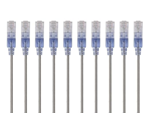 Monoprice Cat6A Ethernet Patch Cable - Snagless RJ45, 550Mhz, 10G, UTP, Pure Bare Copper Wire, 30AWG, 10-Pack, 1 Feet, Blue - SlimRun Series