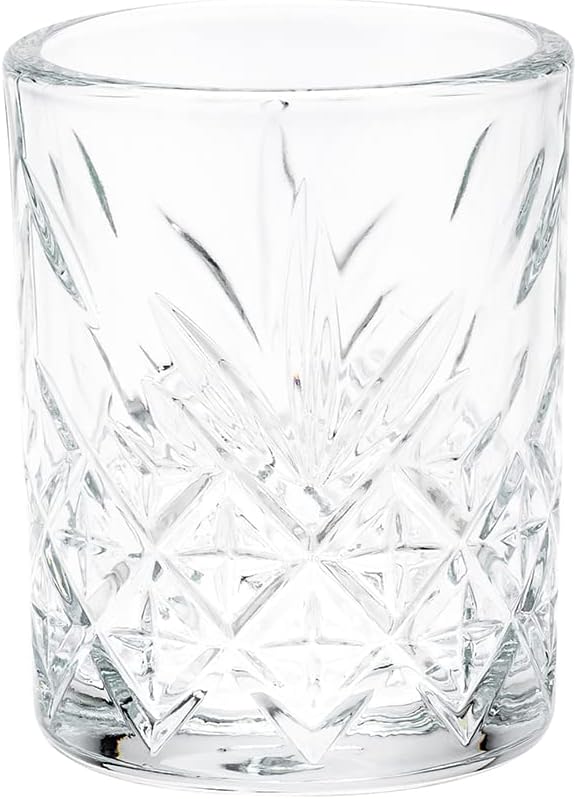 Restaurantware Timeless 2 Ounce Shot Glasses Set of 6 Etched Vintage Shot Glasses - Dishwasher-Safe Chip-Resistant Clear Glass Shot Glass Set Lead-Free For Whiskey Tequila or Vodka