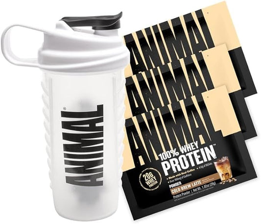 Animal 100% Whey Protein Powder Samples & Shaker Bottle – Real Instant Iced Coffee Whey + 20g of Protein, 120mg of Caffeine Meal Replacement with BCAA – Cold Brew Latte, 3 Single-Serving Packets
