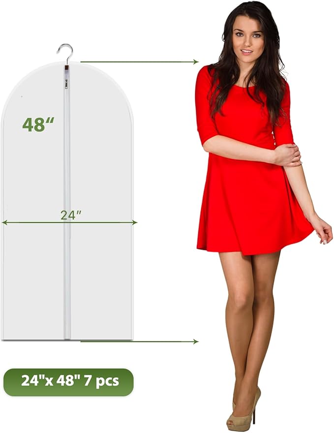 Hanging Garment Bags 7 Piece Set - 48 Inch Translucent Dust Proof Clothes Bag White Breathable Full Zipper Dust Cover for Suit Sweaters windbreaker Shirts Sports Jackets