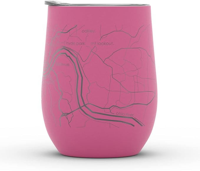 Well Told Engraved Cincinnati Ohio Map Insulated Wine Tumbler, Etched Stainless Steel Cup (12 oz, Sunset Pink) City Map Insulated Tumbler, Custom Insulated Tumbler, Outdoor Drinkware