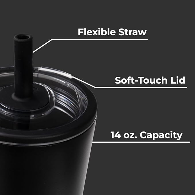 HydroJug Everyday Tumbler 14 oz – Ceramic-Lined Insulated Tumbler with Straw and Soft-Touch Lid, Cup Holder Friendly, Double-Wall Vacuum Insulation, Reusable Travel Cup – Black