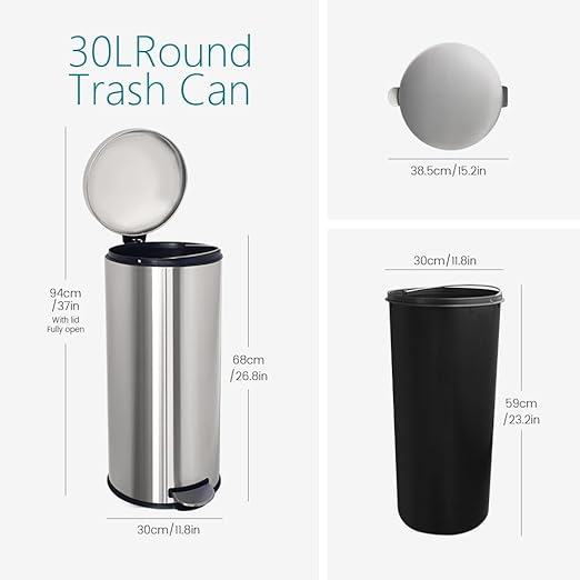 8 Gallon Trash Can, Stainless Steel Garbage can with Removal Liner, Pedal Trash Can with Soft Close lid, Round Trash Bin for Kitchen, Office, Dorm or Bathroom, 30 Liters, Silver