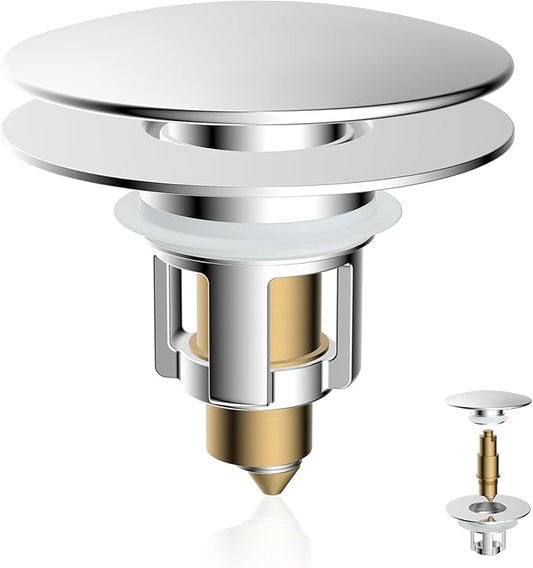 iFealClear Universal Bathroom Sink Stopper, Metal Pop Up Sink Drain Strainer with Detachable Hair Catcher, Fits 1.1"-2.36" US Basin, Wash Basin Drain Plug with Big Cover Cap, Brass Bounce Core, Chrome