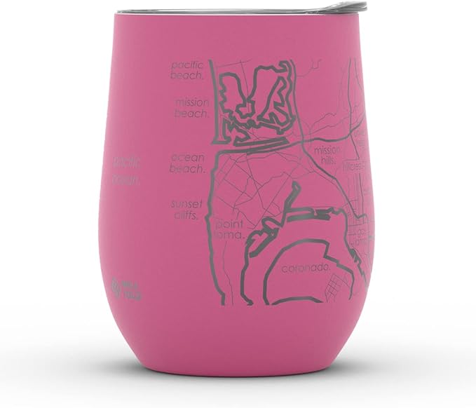 Well Told Engraved San Diego California Map Insulated Wine Tumbler, Etched Stainless Steel Cup (12 oz, Sunset Pink) City Map Insulated Tumbler, Custom Insulated Tumbler, Outdoor Drinkware