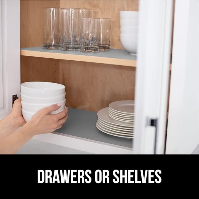 GORILLA GRIP Slip Resistant Drawer and Shelf Liner 2 Pack, Non Adhesive Water Resistant, Easy Clean and Trim, Smooth Surface Liners for Kitchen Cabinet Shelves Drawers Pantry 12 IN x 10 FT, Light Gray