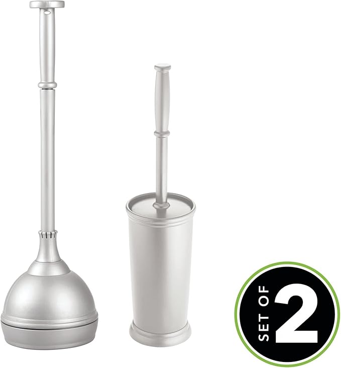 mDesign Plastic Modern Compact Toilet Plunger and Toilet Bowl Brush for Bathroom Storage Organization - Sturdy, Heavy Duty, Deep Cleaning Accessories - Hyde Collection - Set of 2 - Silver