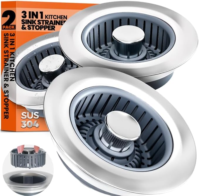 Sink Drain Strainer - Sink Stopper, 3-in-1 Kitchen Stainless Steel Drain Plug with Anti-Clog Basket, Pop-Up Cover Fits Standard 3-1/2” Openings for Double Bowl Kitchen Sinks