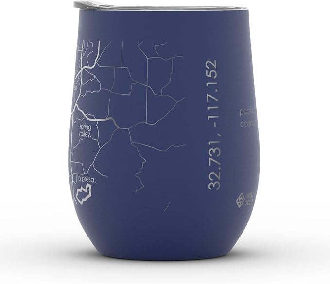Well Told Engraved San Diego California Map Insulated Wine Tumbler, Etched Stainless Steel Cup (12 oz, Midnight Blue) City Map Insulated Tumbler, Custom Insulated Tumbler, Outdoor Drinkware