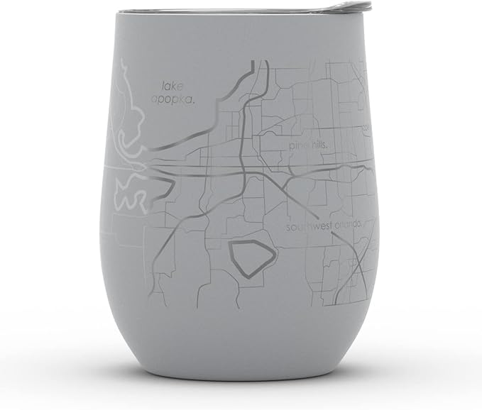 Well Told Engraved Orlando Florida Map Insulated Wine Tumbler, Etched Stainless Steel Cup (12 oz, Dockside Gray) City Map Insulated Tumbler, Custom Insulated Tumbler, Outdoor Drinkware