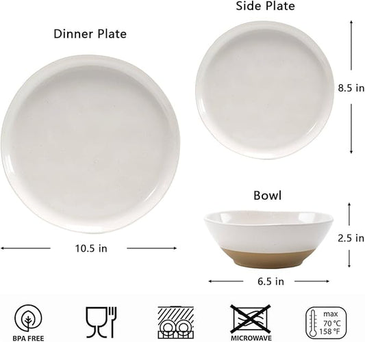 FINE&NICE Melamine Dinnerware Sets of 12 Pcs, Unbreakable Plates and Bowls Set for 4, Dinner Dishes Set for for Patio, RV and Camping, Dishwasher Safe (White with Brown)