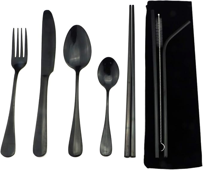 Gugrida Black Reusable Utensils with Case, Healthy & Eco-Friendly 8 Pieces Portable Stainless Steel Flatware Tableware Dinnerware Set, Portable Travel Camping Cutlery Knife Fork Spoon Straws Set