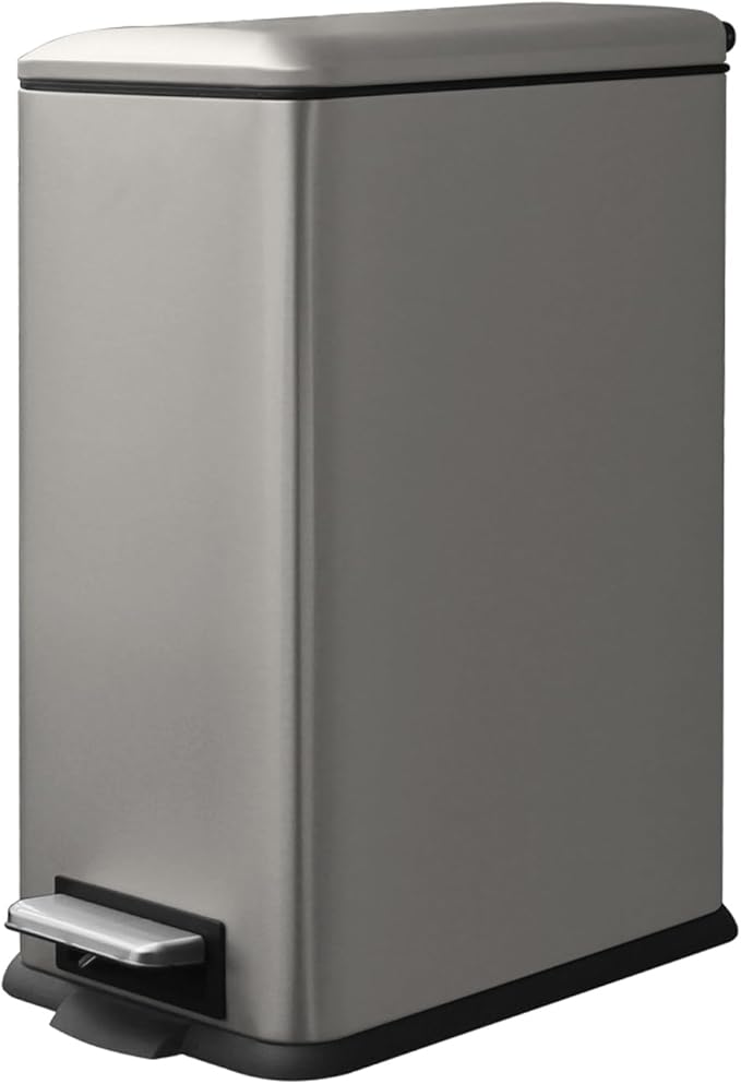 8 Gallon Slim Trash Can with Soft Close Lid, Stainless Steel Trash Can with Removal Inner Bucket, Hand -Free Trash Bin for Kitchen, Office, Laundry, Bathroom, 30 Liter Capacity, Kohler Grey