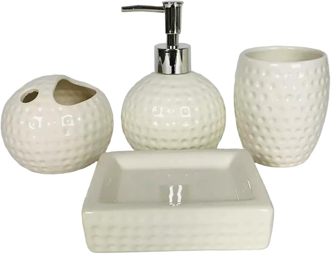 4Pcs White Bathroom Accessories Set Engraved Soap Dispenser with Toothbrush Holder & Tumbler & Soap Dish Ceramic Bathroom Accessories Set for Home Hotel