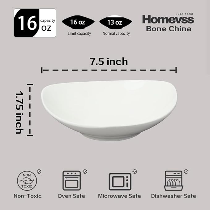 Bone China Triangular Shape, Elegance White Soup Bowl 16oz, 7.5inch x 7.5inch, Set of 6
