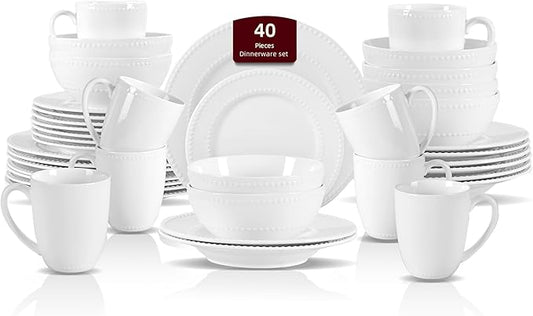 HomeVss, New Bone China Dinnerware Set, Embossed Pearl Design, 40pc Dinnerware Set