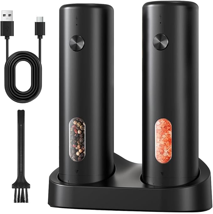 Electric Salt and Pepper Grinder Set with Rechargeable Base, Refillable Pepper Mill Set with LED Light & Adjustable Coarseness, Ideal for Kitchen, Outdoor, BBQ & Gift Giving