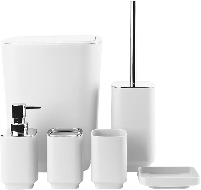 Bathroom Accessory Set 6 Piece Bathroom Accessories Set with Toothbrush Holder&Cup,Soap Dispenser& Dish,Toilet Brush Holder,Trash Can Plastic Gift Set for Bathroom Decorative Countertop（White