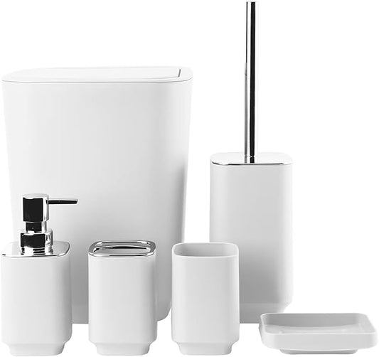 Bathroom Accessory Set 6 Piece Bathroom Accessories Set with Toothbrush Holder&Cup,Soap Dispenser& Dish,Toilet Brush Holder,Trash Can Plastic Gift Set for Bathroom Decorative Countertop（White