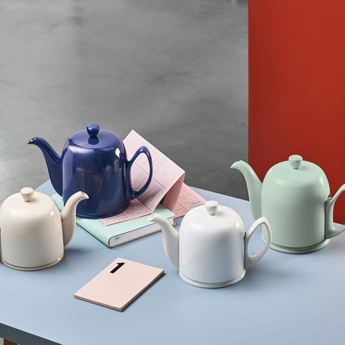 Degrenne Salam Luxury French Tea Pot - Porcelain Teapot with Stainless Steel Cover, Ceramic Tea Kettle for Loose Tea, Removable Infuser, 4 Cup Capacity, 24oz - Monochrome Mint