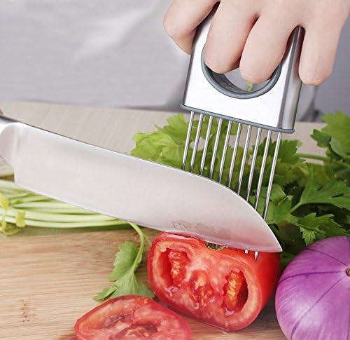 Best Utensils Onion Holder Slicer Vegetable Tools Stainless Steel Easy Onion Holder Slicing Guide Vegetable Tomato Lemon Meat Holder Slicer Tools Cutter, Cutting Kitchen Gadget, Silver