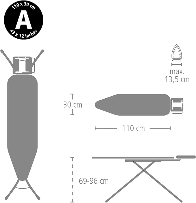 Brabantia Size A Compact Small Ironing Board (43x12 in) 7 Height Options, Adjustable Steam Iron Rest Holder (Denim Black) Non-Slip Feet, Anti-Collapse Child Locks
