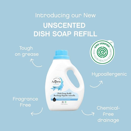 AspenClean Natural Dish Soap Refill Unscented - 100% Natural, Organic, Baby-Safe, Pet-Friendly, Hypoallergenic Formula - Vegan, Cruelty-Free, Biodegradable - EWG VERIFIED & EcoCert Certified (2 Pack)