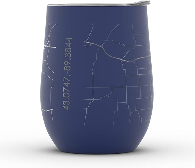 Well Told Engraved Madison Wisconsin Map Insulated Wine Tumbler, Etched Stainless Steel Cup (12 oz, Midnight Blue) City Map Insulated Tumbler, Custom Insulated Tumbler, Outdoor Drinkware
