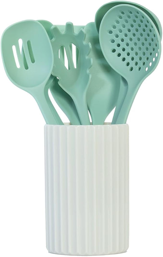 Glad Kitchen Utensils Set, 8pcs - Nonstick Cooking Tools with Utensil Holder - Nylon Spoon, Ladle, Skimmer, Spaghetti Server, and Turner Spatula Set - Dishwasher Safe, Teal Green
