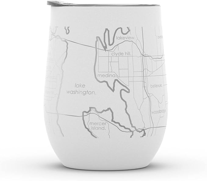 Well Told Engraved Seattle Washington Map Insulated Wine Tumbler, Etched Stainless Steel Wine Tumbler (12 oz, White) City Map Insulated Tumbler, Custom Insulated Tumbler, Outdoor Drinkware