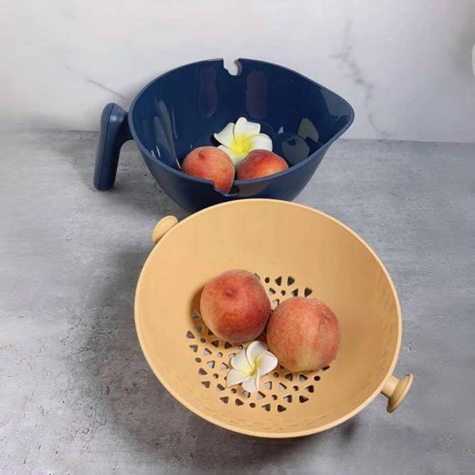 2-1 Colander for Kitchen-Rotatable Strainers-Food Strainers and Colanders-Pasta Strainer-fruit colander-strainer with handle-Kitchen Gadget Essentials (Navy Blue)