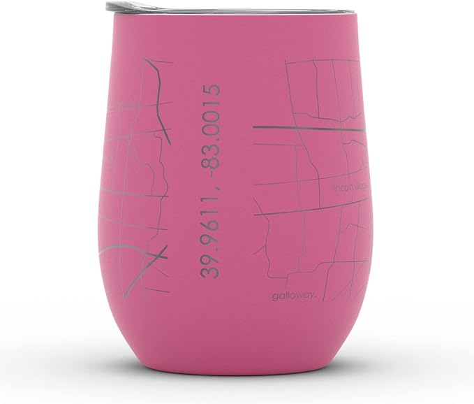 Well Told Engraved Columbus Ohio Map Insulated Wine Tumbler, Etched Stainless Steel Cup (12 oz, Sunset Pink) City Map Insulated Tumbler, Custom Insulated Tumbler, Outdoor Drinkware