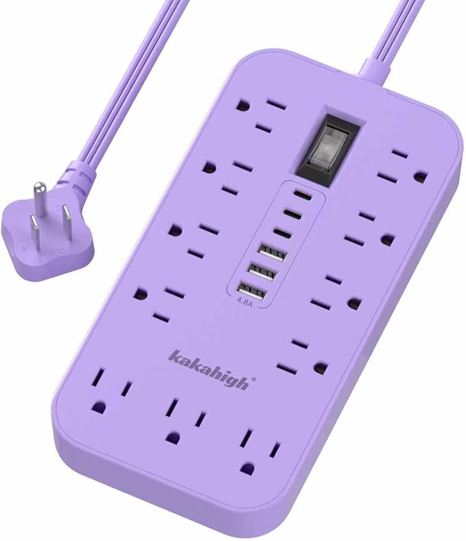 Purple Extension Cord with Multiple Outlets- 5 FT Lavender Power Strip, Girls Extension Cord with 11 AC Outlet 6 USB (24W/4.8A), Charging Station for Purple Women Lavender Desk Decor Essentials Gifts