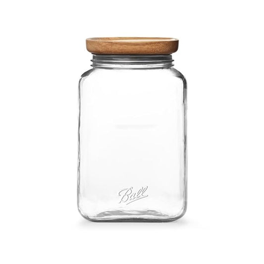 Ball Stack & Store Glass Mason Jars with Wooden Lid, Used for Pantry, Cookies, Flour, Cereal, Rice, Sugar, Tea, Coffee Beans, Spices, Square, 15.6-Cup (Pack of 2)