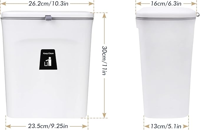 Domiella 2.4 Gallon Hanging Trash Can with Lid, Kitchen Compost Bin for Countertop or Under Sink, Mountable Food Waste Bin with Sealed Lid for Cabinet, Cupboard, Bathroom, or RV (White)