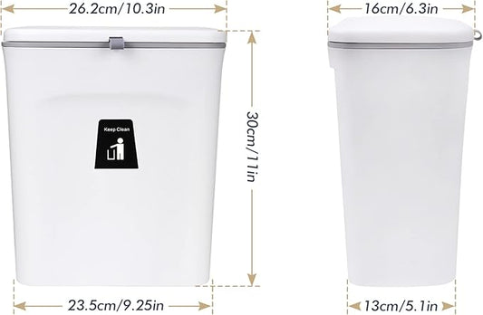 Domiella 2.4 Gallon Hanging Trash Can with Lid, Kitchen Compost Bin for Countertop or Under Sink, Mountable Food Waste Bin with Sealed Lid for Cabinet, Cupboard, Bathroom, or RV (White)