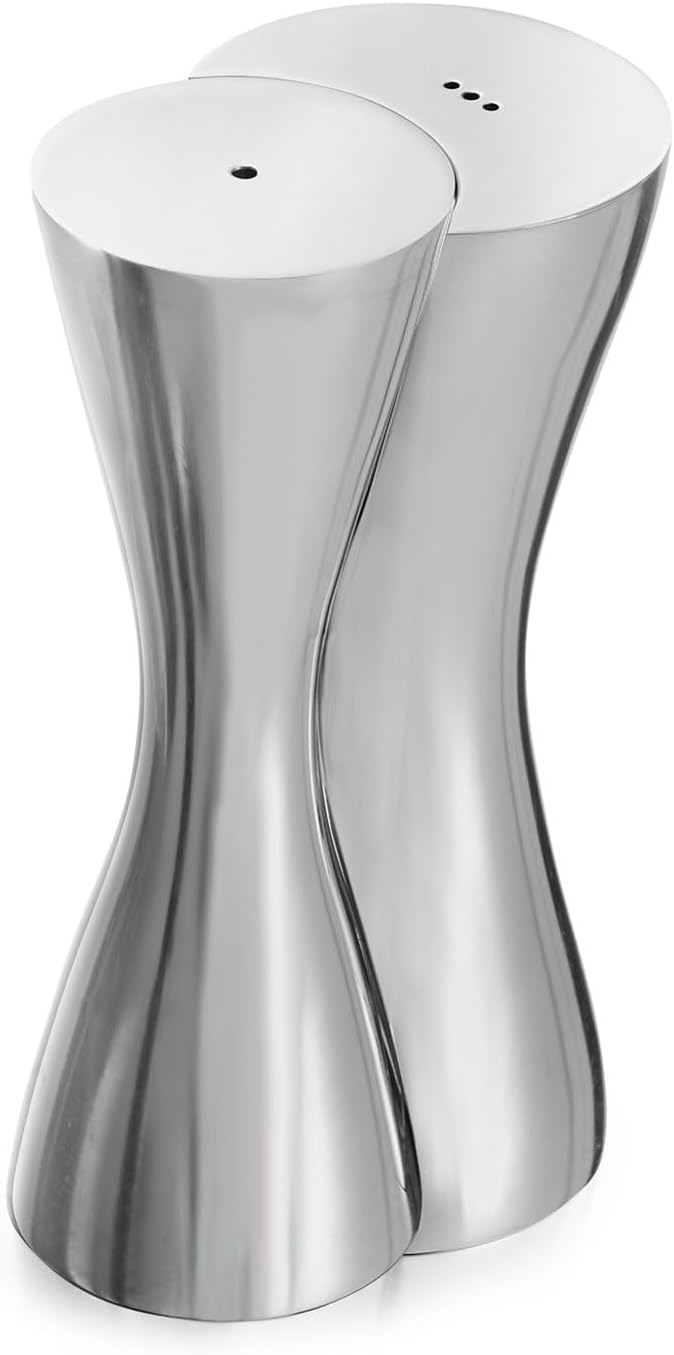 Nambé Hug Salt & Pepper Shakers - Contemporary Hourglass Sculptural Design, 6" x 2.5" Alloy Metal Dining Table Set - Stylish Kitchen Accessory, Decorative Tabletop Spice Shakers