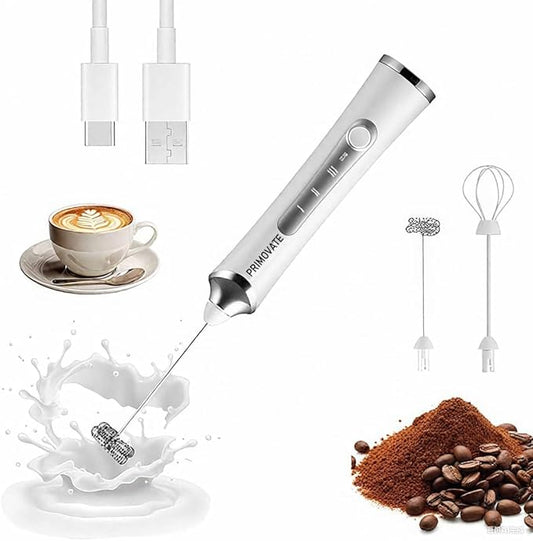 Rechargable Milk Frother, Handheld Drink Mixer with Whisk Attachment, 2025 upgraded powerfull 3 speed motor, Type C charging with charge light, with extra egg mix head (White without Stand)
