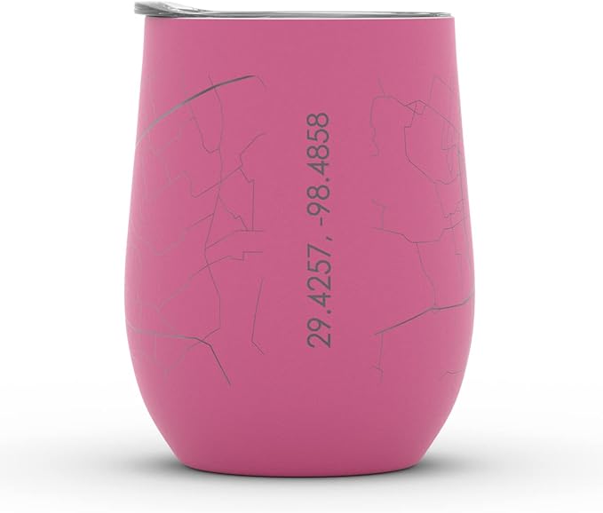 Well Told Engraved San Antonio Texas Map Insulated Wine Tumbler, Etched Stainless Steel Cup (12 oz, Sunset Pink) City Map Insulated Tumbler, Custom Insulated Tumbler, Outdoor Drinkware