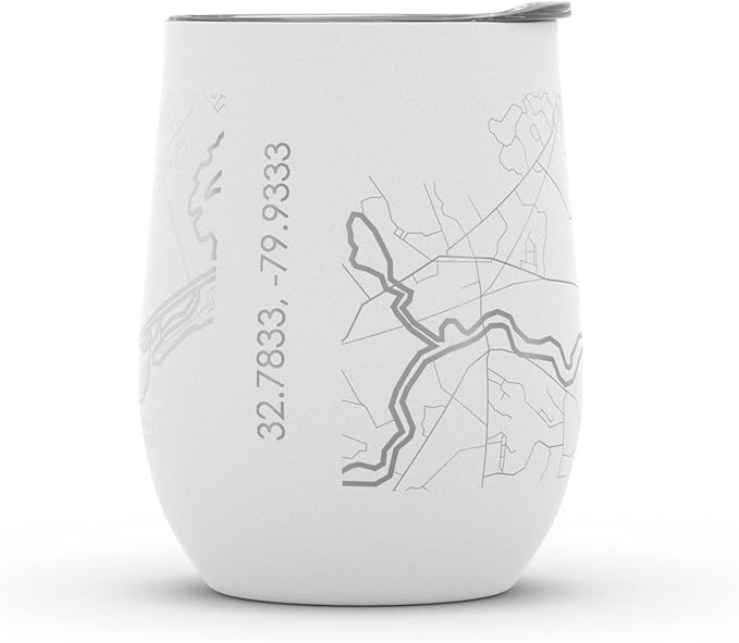 Well Told Engraved Charleston South Carolina Map Insulated Wine Tumbler, Etched Stainless Steel Wine Tumbler (12 oz, White) City Map Insulated Tumbler, Custom Insulated Tumbler, Outdoor Drinkware